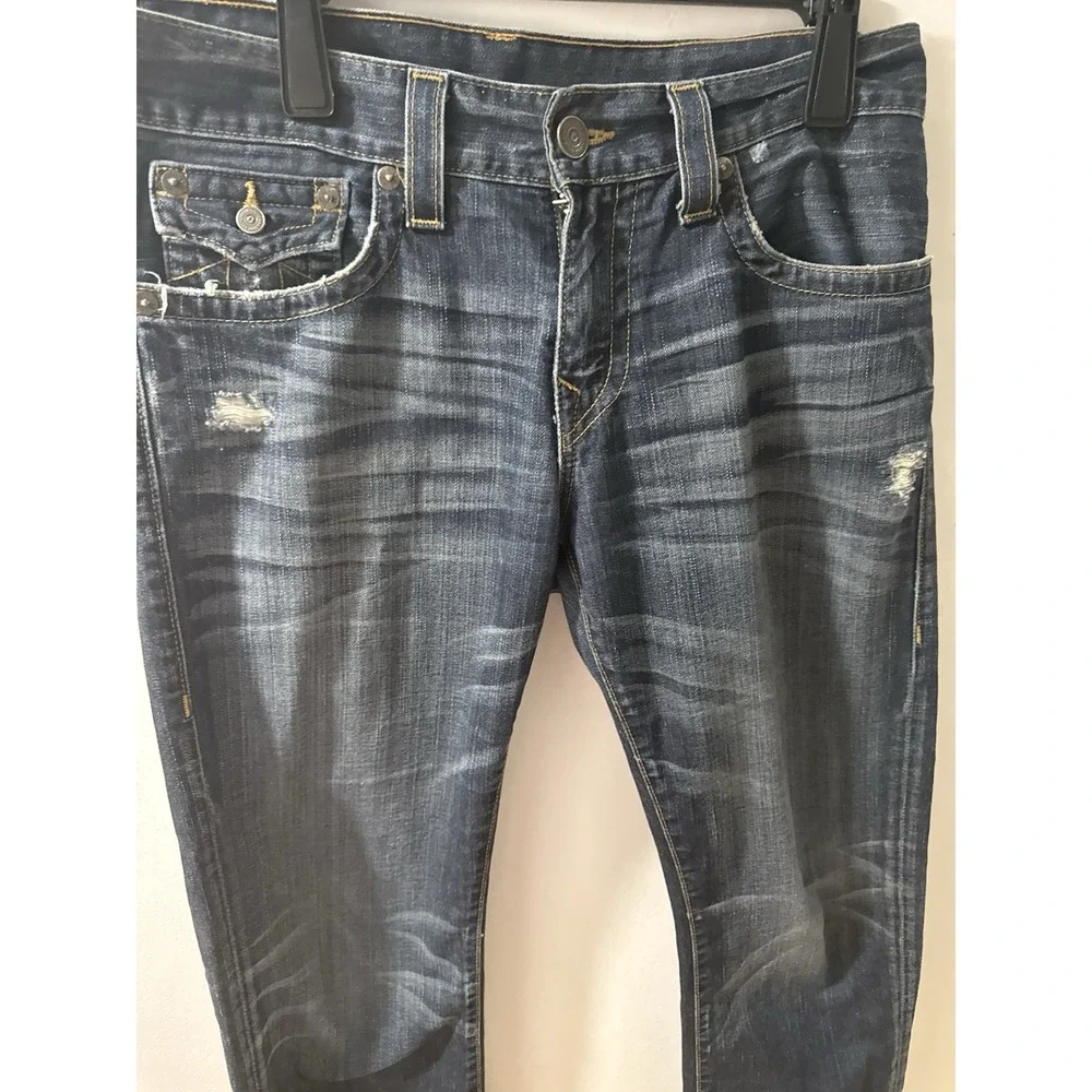 True Religion Ricky Straight Flap Jeans Men Sz 32 x 31 Blue Distress 100% Cotton